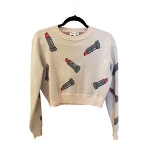 Wild Honey Sweater, Size S, Cropped, Pink with Lipstick Print.